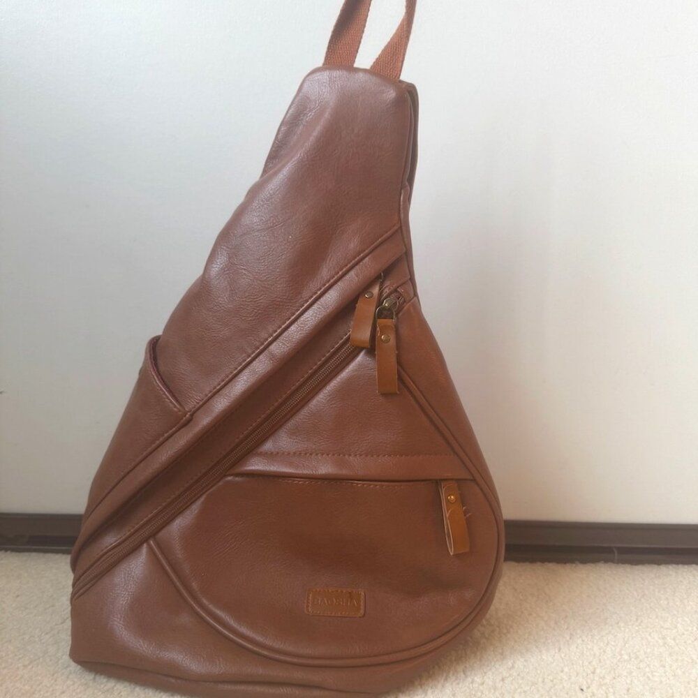 Baosha Brown leather-like crossbody sling / backpack 16.5"H x 11"W x 8.3"D